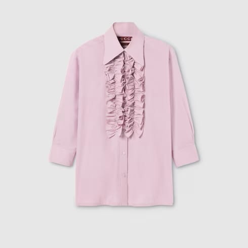 Cotton muslin shirt with ruffle trim in lilac